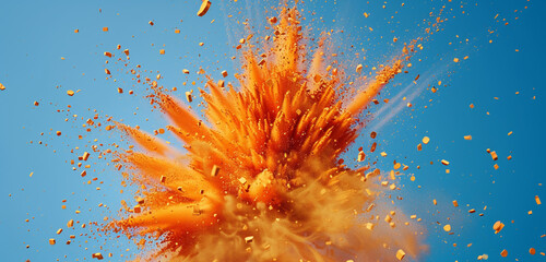 Fiery orange chalk particles burst outward in a dynamic explosion against a cool blue backdrop.