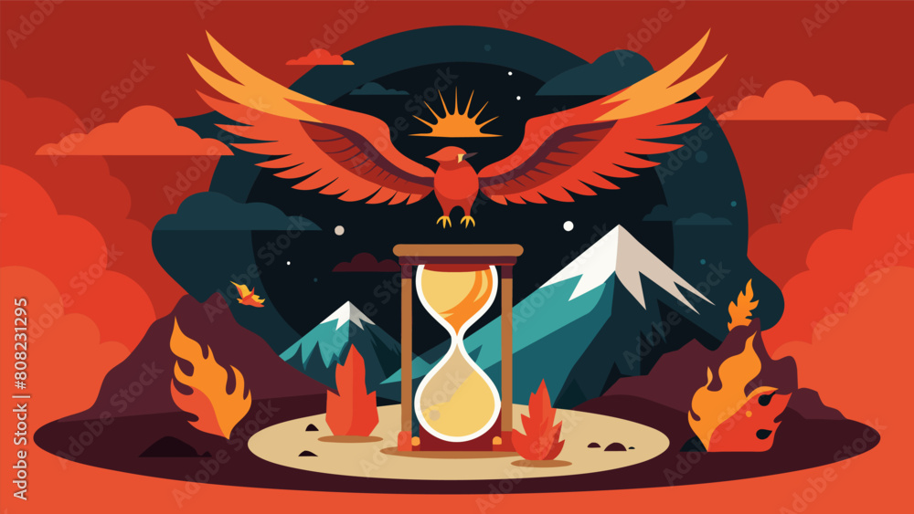 Poster a mural of a phoenix rising from ashes symbolizing the cycle of life and death and how soing new can