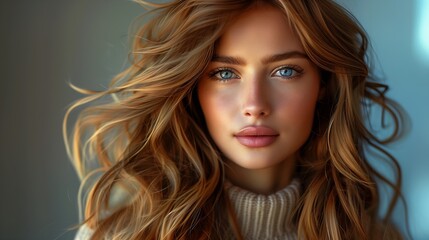 Fototapeta premium closeup woman long hair sweater skin color alluring girl blonde beauty princess ocean eyes female fan blown reddish aussie