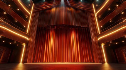 red curtain on the stage iis illuminated by bright lights