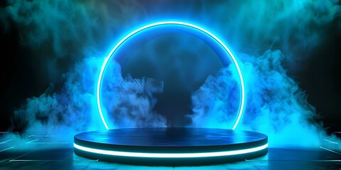 Futuristic Technology Background with Blue Neon Virtual D Podium for Product Showcase. Concept Product Showcase, Futuristic Technology, Blue Neon, Virtual Podium, Background