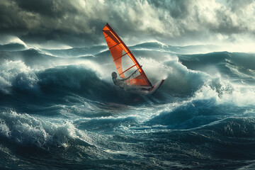 Adventurous man navigating the sea on a windsurf