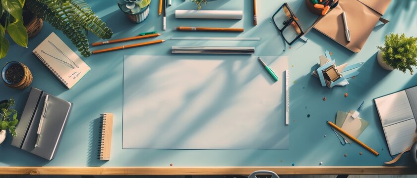 Creative workspace setup with various design tools and plants on a teal desk, organized and inspiring