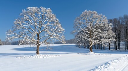 Fototapeta premium A snow-covered field features two trees in the foreground, while a path, also blanketed in snow, winds its way through the center