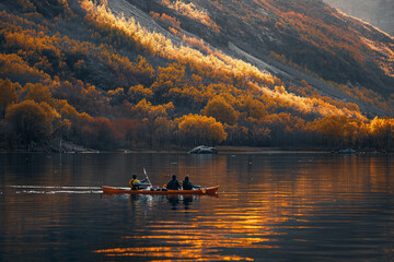 Couple on a serene kayaking journey in a mountainous region