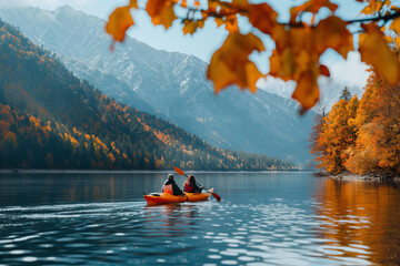 Couple enjoying a peaceful kayak trip on a calm lake