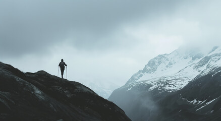 A man stands confidently on top of a mountain peak, overlooking the vast landscape below.