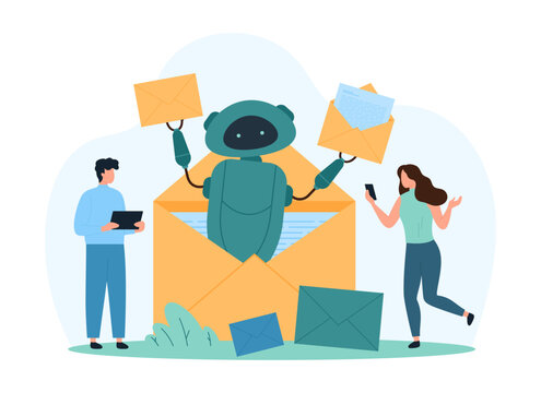 Mailbox management using AI, antispam filter. Tiny people send and receive email messages and SMS, robot from open paper envelope giving letters to users of mail mobile app cartoon vector illustration