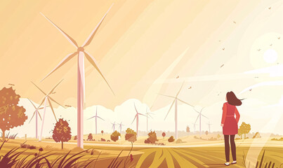 Young woman standing in front of wind turbines in the field. Vector illustration