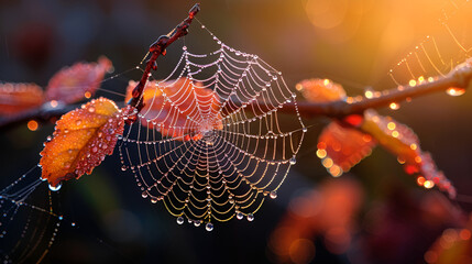 Spider Web with Dew Drops,
A spider setting a trap