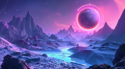 Futuristic fantasy landscape, sci-fi landscape with planet, neon light, cold planet. 3d illustration.
