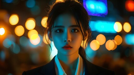  A businesswoman in a suit stands before a city street at night, backdrop of vibrant lights aglow