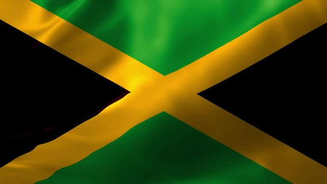 Realistic HD flag of the Jamaica waving in the wind. Close up of Jamaica Flag Slow Waving with visible. flag background texture with vibrant colors and fabric background