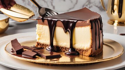 Cheesecake it that has chocolate ganache liquid chocolate pouring out when sliced open on a solid...