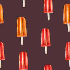 Ice cream seamless pattern. Watercolor illustration of fruit popsicle on a stick isolated on background. Beautiful hand painted refreshing dessert. For designers, spa decoration, postcards, wallpape