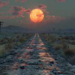 Sun at the End of the Road Central,
A full moon rising over a dirt road
