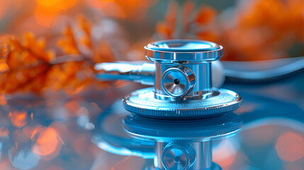Stethoscope on a Reflective Surface with a Blur,
Stethoscope on blue background Medical concept