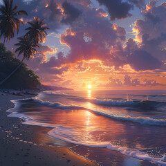 Sunset at Beach End Realistic,
Beautiful seascape with palm trees and sunset Digital painting
