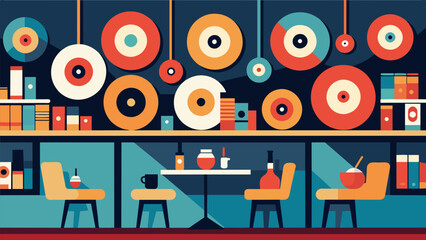 The musicthemed cafes record wall doubles as an art installation with vinyls of different sizes and colors arranged in a mesmerizing pattern. Vector illustration