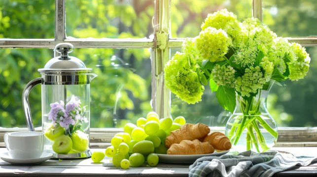   A glass vase, brimming with emerald-hued flowers, sits next to a bowl overflowing with plump grapes and a plate piled high with crisp croiss