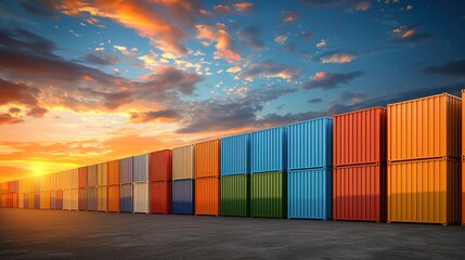 Fototapeta premium A row of vibrant shipping containers aligns on a concrete floor, surrounded by a colorful sky adorned with clouds