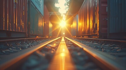  train tracks run evenly, sun shines down