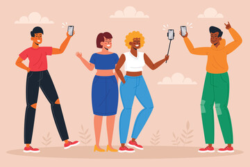 Flat people taking photos with smartphone