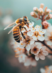 Honey bee hovering on blooming flower. Insect. Bloom. Bee. Honeybee. Nature. Close-up.