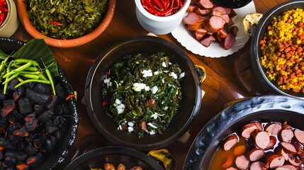 feijoada, colorful display of ingredients like smoked sausage, bacon, and collard greens