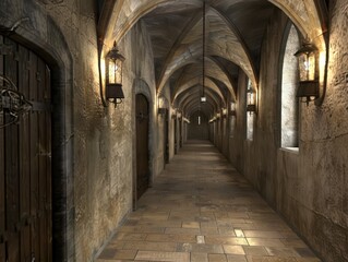 3d corridor inside a medieval castle