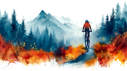 Sustainable Transportation and Participation,
A man rides a bicycle in the mountains isolated on a white background