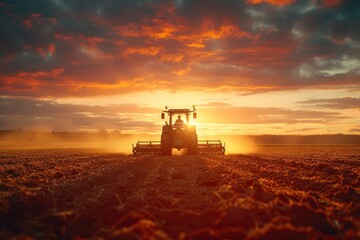 Fototapeta premium Golden Hour Harvest: Tractor Commanding the Field