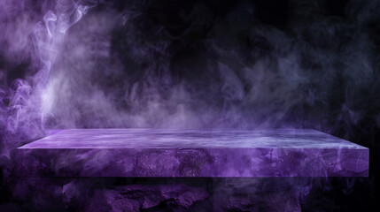 Lavender purple concrete table with dense smoke under low lighting.