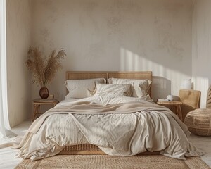 A serene bedroom interior with woven wooden furniture, beige bedding, and cozy pillows and blankets, creating a minimal, modern, and warm space.