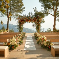 An empty wedding ceremony scene featuring plant arrangements and floral bouquets, highlighting a scenic open-air setting perfect for a beautiful outdoor event.