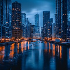 Cityscape of Chicago at night with river in the foreground and skyscrapers in the background.