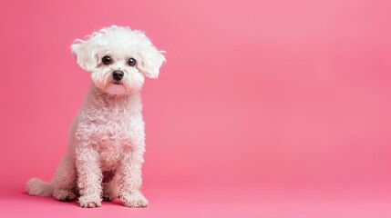 A small white dog sitting on a pink background. Generative AI.