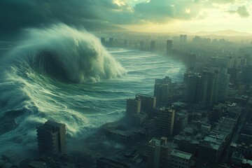 Apocalyptic Deluge: Tsunami Engulfs Coastal Metropolis