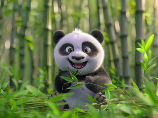 3D cute panda character against a simple bamboo forest