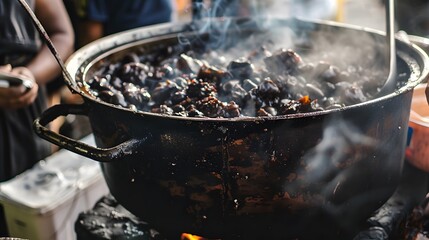 feijoada, steaming pot filled with a rich, savory stew made of black beans, pork, and spices