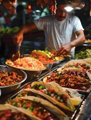 Obraz premium Gourmet Taco Stand Thriving at Vibrant Night Market with Skilled Vendor and Eager Customer