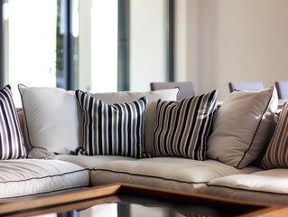 corner striped sofa, with cushions in modern living room