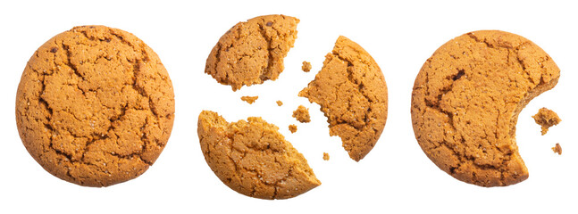 Cookies isolated set. Whole oatmeal cookies and broken pieces on a transparent background, top view.