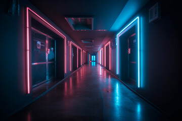 hallway with neon lights generative ai