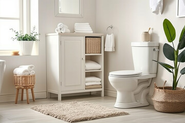 Fototapeta premium white toilet with its lid up, next to it is an open shelf holding towels and some beige storage boxes. The bathroom has light grey tiles on the floor and walls, and there is a small green plant in fro
