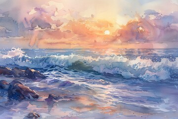 Watercolor art seascape ocean depicting waves crashing against a rocky beach under a pastel texture sunset sky background