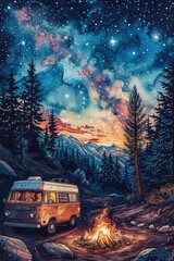Dreamy Nightscape: Vintage Camper and Starlit Sky