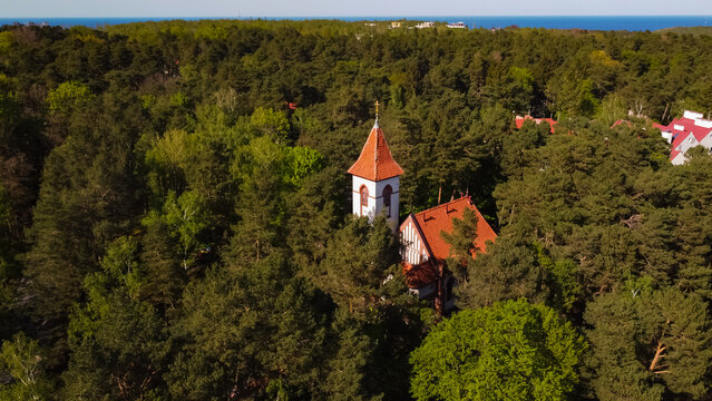Svetlogorsk, Russia - May 1, 2024: Kirch Rauschen, Church of the Holy Venerable Seraphim of Sarov, top ariel view