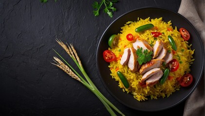 Rice with meat and vegetables on a black background