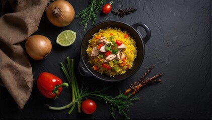 Rice with meat and vegetables on a black background